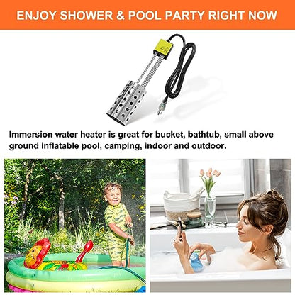1000W Electric Immersion Heater, Bucket Water Heater with 304 Stainless-Steel Guard, Submersible Bucket Heater with Thermostat and Auto Shutoff, Heats 5 Gallons Water in Minutes