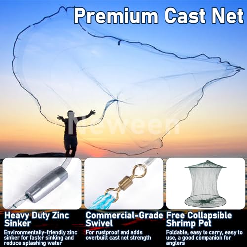 Neween Cast Net for Fishing with Shrimp Cage, American Freshwater Saltwater 3/4/5/6/7/8/9/10Ft Radius Casting Net Bait Trap Fish, Heavy Duty Zinc Sinker, 3/8 Inch Mesh Size - style: 5ft (150cm) Radius