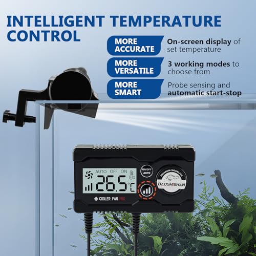 BAOSHISHAN Aquarium Chiller Fan with Auto Temperature Control | Adjustable 3 Speed, Cooling Effect 3-5℉, 120° Rotation Aquarium Cooler, Fit Rimless Axolotl & Coral Aquarium (Glass <0.98")