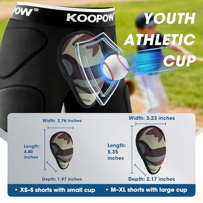 Youth Boys Padded Compression Sliding Shorts Pants With Soft Cup & Pocket - color: Black Camo, size: X-Small