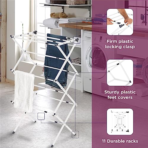 BLACK+DECKER 3 Tier Expandable Collapsing Foldable Laundry Rack for Air Drying Clothing, Space Saving Heavy Duty Lightweight Metal Drying Rack(White) - color: White