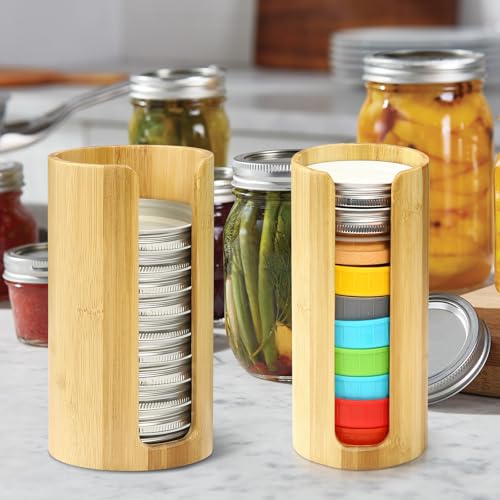 Mason Jar Lid Organizer (2pcs), Mason Jar Lid Storage Made of Bamboo, Suitable for Mason/Canning/Bamboo Lids(WIDE/REGULAR), Fit Perfectly, Stackable Steady