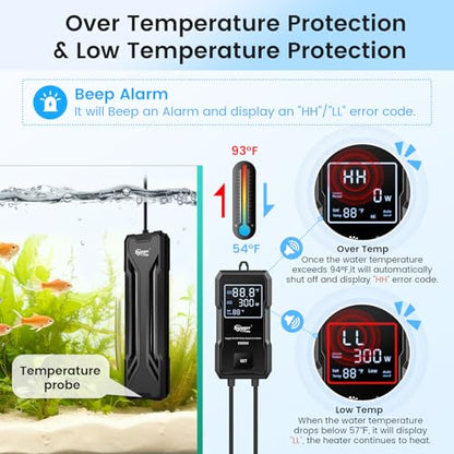 hygger 500W Aquarium Heater, Upgraded Submersible Fish Tank Heater with Dual Protection System & LED Digital Display, with Automatic Power-Off Function, for 66-135 Gal Freshwater and Saltwater Tank - size: 500W for 65-135 Gallon