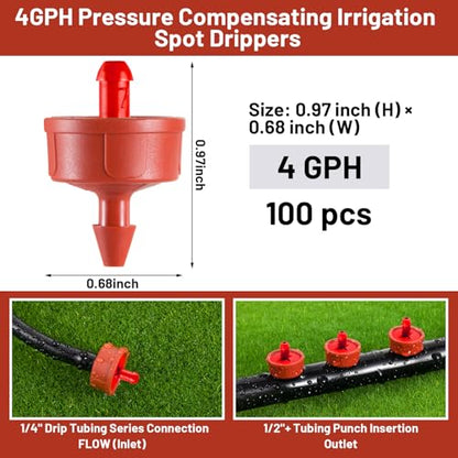 100 PCS 4 GPH Pressure Compensating Drip Irrigation Spot Dripper, Max Flow Drip Irrigation Emitters Heads for Dry Soil Thirsty Plants, Irrigation Drippers Parts for Arid Area Outdoor Irrigation - size: 4 GPH 100PCS