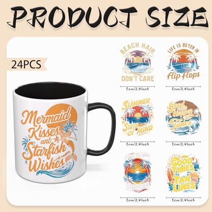 24PCS Summer Surfing UV DTF Cup Wrap Transfer Paper for Mugs, Glasses, Notebooks, Computers, Tables and Chairs, High Viscosity for DIY Creativity