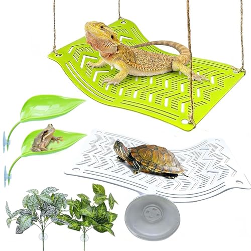 2PCS Bearded Dragon Hammock,Turtle Basking Platform with Suction Cups,Lizard Lounger with Frog Tank Leaf Decorations,Reptile Hammocks Climbing Accessories for Snakes,Crested Gecko,Amphibian