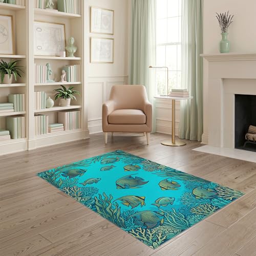 4'x6' Washable Modern Fish Area Rug, Turquoise Flatwoven Floor Mat Non-Slip Chair-Friendly Carpet for Home Office, Gaming Room, Under Desk | Ref:1909343