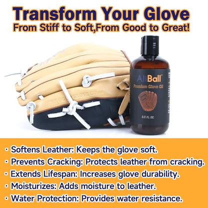 AliBall Premium Baseball Glove Oil - Softens, Hydrates, and Break-in for Baseball/Softball Gloves - 100% Natural, Baseball Glove Conditioner Break in - size: 8.5 Fl Oz