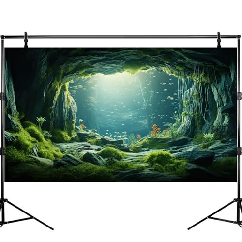 Underwater Aquarium Background Undersea Cave Large Rocks Fish Tank Background Aquatic Plant Lush Green Moss Terrarium Backgrounds Ocean Seabed Caves Landscape Reptile Tank Backgrounds 48x20in - size: 48(W)x20(H)inches/ 120(W)*50cm(H)
