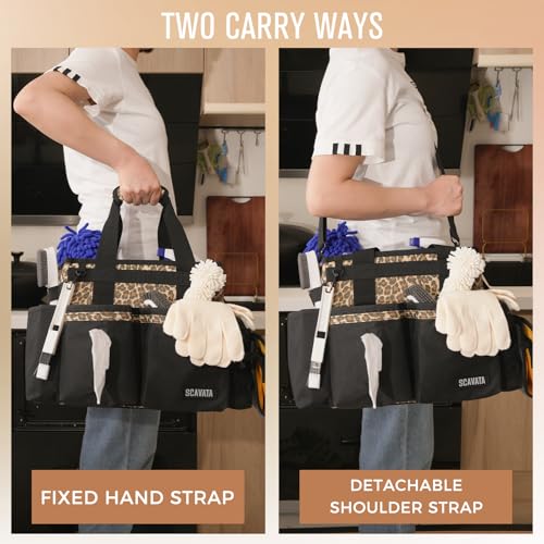 Compact Wearable Cleaning Caddy, Small Cleaning Supplies Organizer with Handle & Shoulder Straps for Housekeepers, under Sink & Car Cleaning Tool Organizers Bag (Leopard) - color: Leopard