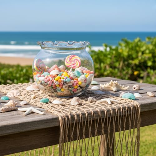 SATINIOR Mini Plastic Fish Bowl with Fish Net Decor, 6 Small 0.18 Gallon Lace Bubble Bowl Pair with 6 Fishnet, for Ocean-Themed Aquarium Hawaiian Parties Banquets Mediterranean Style