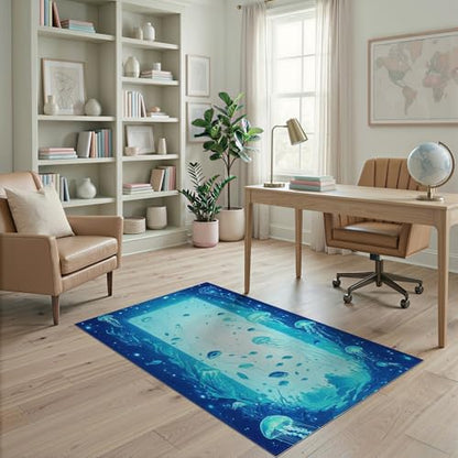 4'x6' Washable Kawaii Fish Area Rug, Blue Flatwoven Floor Mat for Home Office, Gaming Room, Under Desk, Non-Slip Chair-Friendly Carpet | Ref:1911370