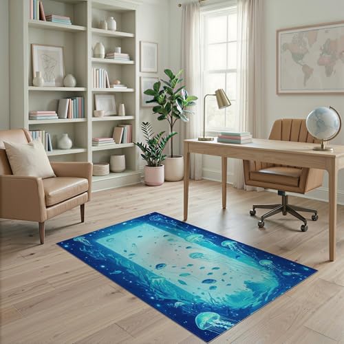 4'x6' Washable Kawaii Fish Area Rug, Blue Flatwoven Floor Mat for Home Office, Gaming Room, Under Desk, Non-Slip Chair-Friendly Carpet | Ref:1911370
