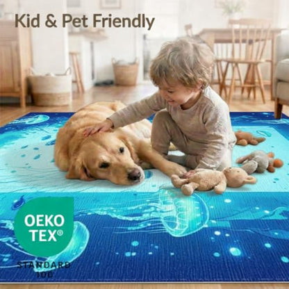 4'x6' Washable Kawaii Fish Area Rug, Blue Flatwoven Floor Mat for Home Office, Gaming Room, Under Desk, Non-Slip Chair-Friendly Carpet | Ref:1911370