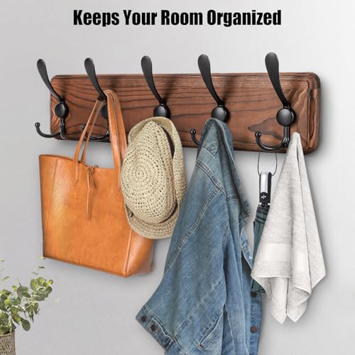 Gohiuo Rustic Wall Mount Coat Rack, Coat Hooks Wall Mount Wood Coat Rack with 5 Triple Hooks, Heavy Duty Wooden Wall Mounted Coat Hanger for Entryway, Farmhouse Hanging Coats, Hats, Bags,Towels - size: 5 hooks-1 items