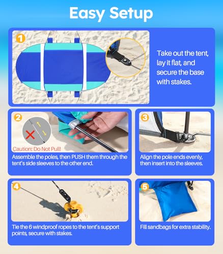 Beach Tent with Double Zippered Doors, Beach Tent Sun Shelter with UPF50+ UV Protection, Beach Canopy Portable Storage Bag for Beach Camping Fishing, for 3-4 People - size: 3-4 Person