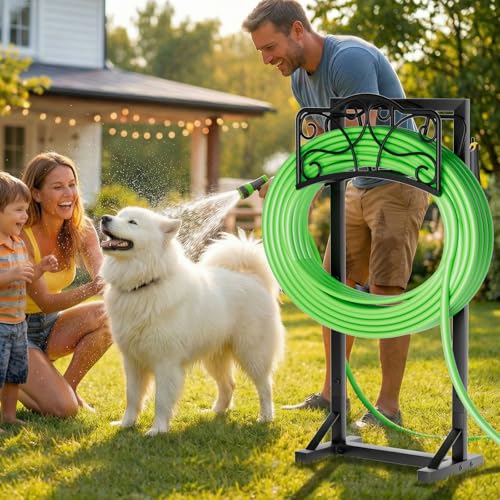 Heavy-Duty Garden Hose Holder with Tool Hooks and Stable Base, Metal Hose Hanger Garden Hose Storage Holds 160Ft, Rustproof Freestanding Water Hose Holder for Outside, Yard, Lawn, Farm - size: Holder 42.1in