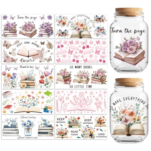 UV DTF Cup Wraps Transfer Stickers Book and Flowers Pattern, 10 Sheets Waterproof Custom Vinyl Transfer Sticker 16oz Coffee Glass Cup Tumbler Bottle Mug Decals for Men Women - style: Book and Flowers