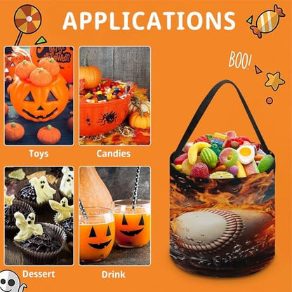 Halloween Trick Or Treat Bags With Handles Collapsible Candy Bucket Reusable Fire Water Baseball Ball Printed Goody Bucket For Holiday Party Gifts - color: Fire Water Baseball Ball