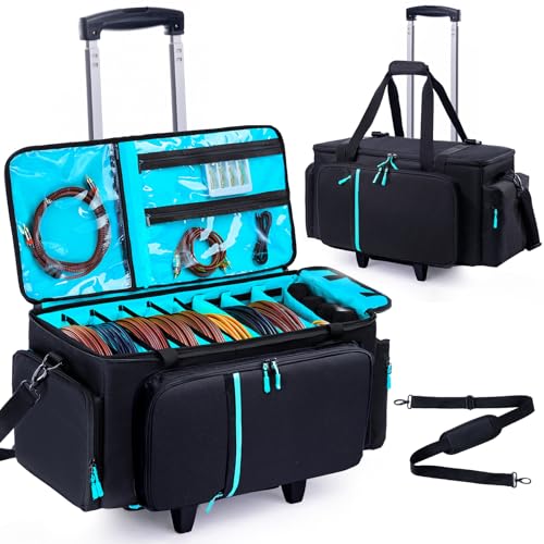 Rolling DJ Cable Bag with Wheels, DJ Equipment Bag with Laptop Compartment - color: Blue, size: With Wheels