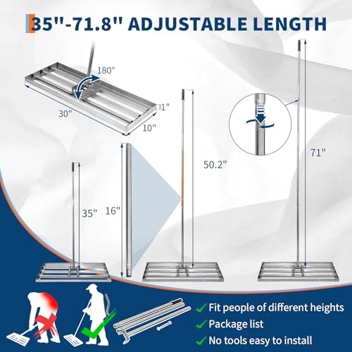 Lawn Leveling Rake,Steel Leveling Rake for Soil,Yard Dirt Leveling Rakes for Grass,Lawn Leveling Tool with Adjustable Handle (Sliver Steel 30”x10”)