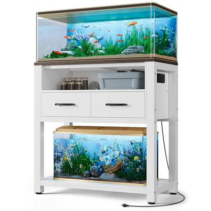 20-29 Gallon Aquarium Stand with Stable Metal Frame & Power Outlet, Heavy-Duty Fish Tank Stand with Waterproof Mat, 550LBS Capacity Storage Cabinet, White+Brown