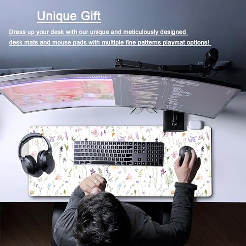 White Floral Desk Mat Cute Flowers Desk Pad Aesthetic Sage Mouse Pad XL Large Mousepad Desk Matt for Desktop, Laptop Pad Mat Keyboard and Mouse Mat for Women Office Decor Accessories 31.5x11.8 in