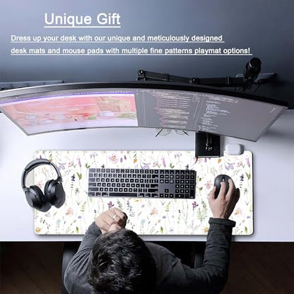 White Floral Desk Mat Cute Flowers Desk Pad Aesthetic Sage Mouse Pad XL Large Mousepad Desk Matt for Desktop, Laptop Pad Mat Keyboard and Mouse Mat for Women Office Decor Accessories 31.5x11.8 in