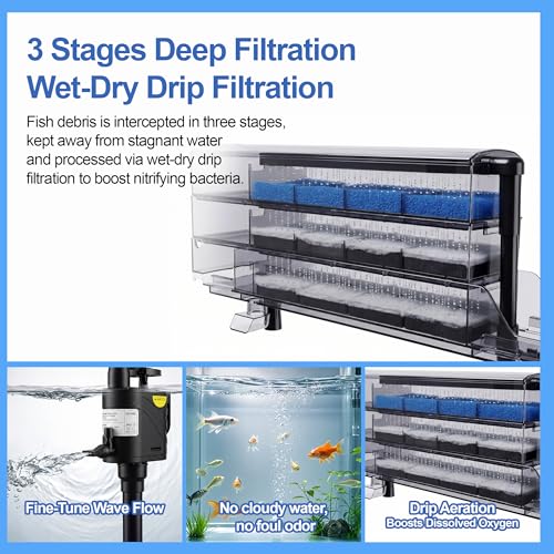3-Tier Wet-Dry Trickle Aquarium Filter, Smoke Clear Filter Box, 476 GPH 3-in-1 Water Pump, Ultra Quiet, Adjustable Bracket, Easy Maintenance, For 20-80 Gallon Freshwater Saltwater Turtle Tanks