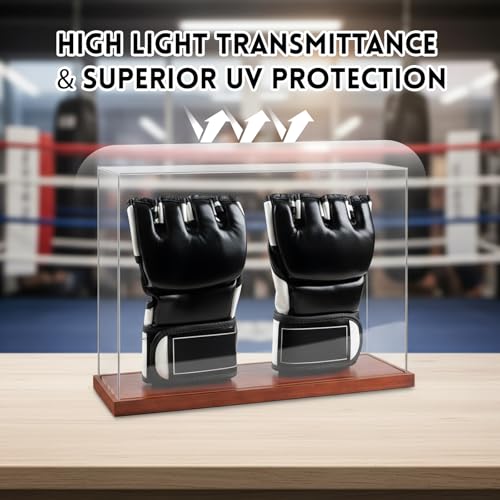 MMA Glove Display Case, No-Assembly Clear Acrylic Showcase with Wood Base - style: MMA 2 Glove Holder