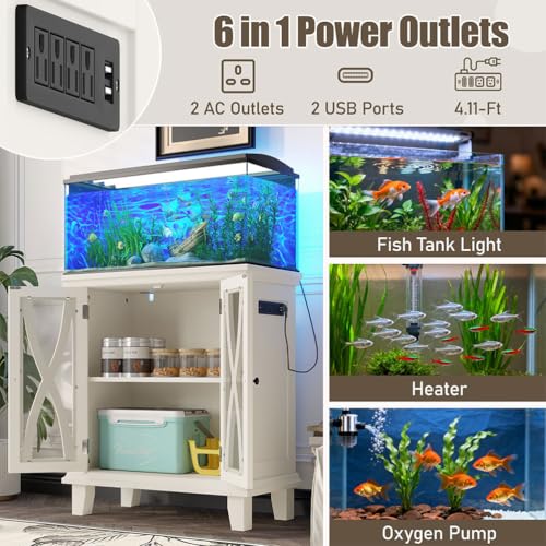 20 Gallon Aquarium Stand with Power Outlets & USB Ports, Fish Tank Cabinet with Double Doors & Adjustable Shelves, Farmhouse Style Aquarium Furniture for 20 Gallon Fish Tank,Beige