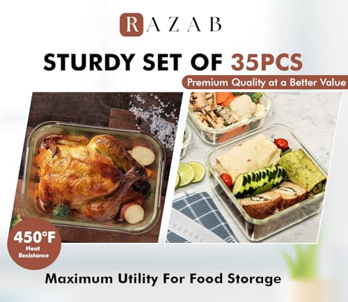 Razab 35 Pc Set Glass Food Storage Containers with Lids - Meal Prep Airtight Bento Boxes BPA-Free 100% Leak Proof (15 lids,15 glass & 5 Plastic Sauce/Dip Containers) - color: Dark Blue