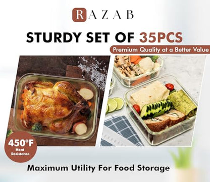 Razab 35 Pc Set Glass Food Storage Containers with Lids - Meal Prep Airtight Bento Boxes BPA-Free 100% Leak Proof (15 lids,15 glass & 5 Plastic Sauce/Dip Containers) - color: Gold