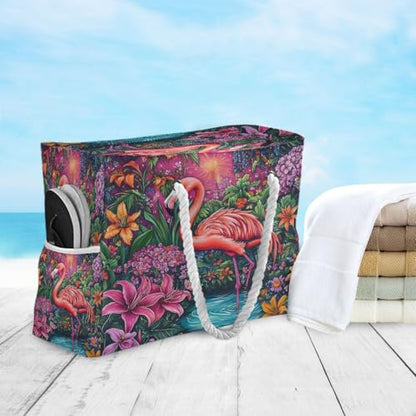 senya Large Beach Bags Totes Canvas Tote Shoulder Bag Soft Wave Water Resistant Bags for Gym Travel Daily Ocean - color: Flamingo Flowers