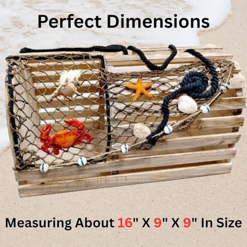 Decorative Lobster Trap Nautical Coastal Decor – Distressed Wood with Fishnet, Seashells, Crab & Starfish Accents – Perfect Beach House, Boat Decoration – Unique Ocean-Themed Gift for Sea Lovers