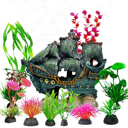 11Pcs Fish Tank Decoration Aquarium Accessories Set, 5.7" Resin Sunken Shipwreck Decor and Plastic Plants Ornament Accessories, Fish Cave Hideout for Small Fish Favors
