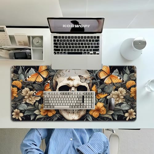 35.4 x 15.7 in, XXL Large Mouse Pad for Desk, Extended Keyboard Mouse Mat for Computer Office, Big Mouse pad with Stitched Edges, Gaming Pc-Skull Butterfly Flowers - color: Skull Butterfly Flowers