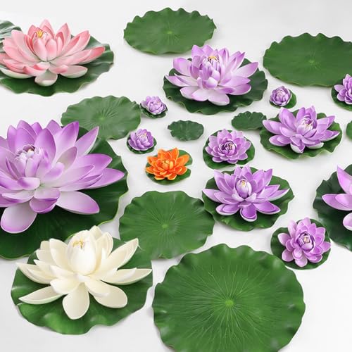 14pcs 11in & 6in Artificial Flowers Floating Foam Lotus Flower with Fake Lily Pads, Artificial Lily Pads for Pond for Pool Garden Fish Pond Aquarium Pool Wedding Decor