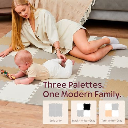 Puzzle Play Mat for Floor (White, Tan & Gray, 36 Tiles (71x71 in), Cross)
