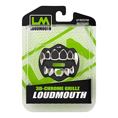 Loudmouth Football Mouth Guard for Youth & Adult - 3D Chrome Grillz Silver Teeth Mouthpiece with Strap, No-Boil Braces-Friendly Sports Mouthguard (Chrome Black/Silver) - color: 3d Grillz - Chrome Black/Silver