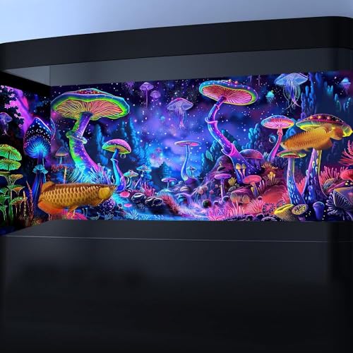 48X18IN Blacklight Mushroom Black Light Aquarium Background UV Reactive Background Starry Sky Terrarium Mushroom Theme Background with 10 EVA Double-Sided Tape - color: Violet bluish, size: 48X18in/120X45cm