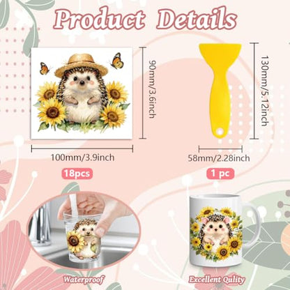 Peacoblue 18 Sheets Rub on Transfers for Crafts, Sunflowers Hedgehog 3.6"x3.9" UV DTF Cup Wraps Waterproof Rub on Cold Transfers Stickers for Wood Glass Metal Cup Tumblers Mirrors Mugs Home Decor - style: Sunflowers Hedgehog