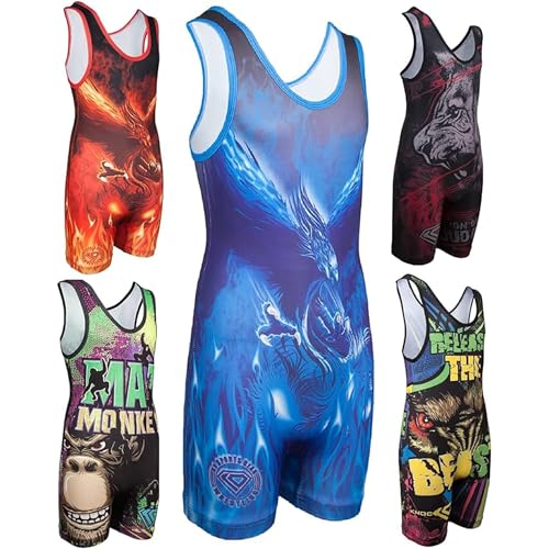 KO Sports Gear Youth Wrestling Singlets, Animal and Fantasy Designs, XXS-L - color: Blue Phoenix, size: Large