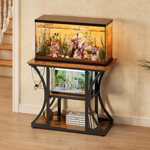 50 Gallon Aquarium Stand with Power Outlets Fish Tank Stand with 3-Tier Storage Shelves Display Stand for Turtle Tank Shelves Metal Frame Stand for Living Room Office Entryway,Brown