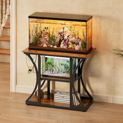 50 Gallon Aquarium Stand with Power Outlets Fish Tank Stand with 3-Tier Storage Shelves Display Stand for Turtle Tank Shelves Metal Frame Stand for Living Room Office Entryway,Brown