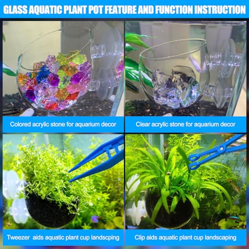 4pcs Glass Aquarium Decor Plants Pot，Crystal Aquatic Plant Pot with Suction Cup, Betta Resting Bed Spot，Aquarium Planter Landscaping Cup with Stones Clip and Tweezers (4pcs Glass Aquarium Plant Pot) - size: 4pcs glass aquarium plant pot