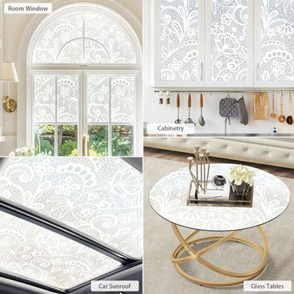 Frosted Window Privacy Film, White Lace Stained Glass Window Film, Static Cling Removable Privacy Decal, Sun Blocking Decorative Tint with Effect for Home, Doors and Office (S686, 17.7'' x 78.7'')