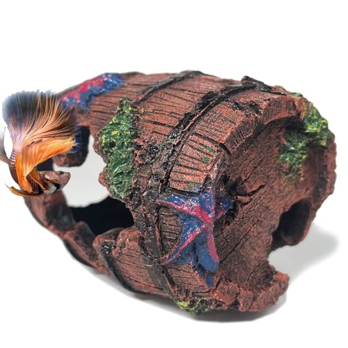 Aquarium Decor - Small Broken Barrel with Star Fish Tank Cave Hideout with Holes, Mini Decorations for Betta Fish, Shrimp, Nano Tank Decor, Aquarium Accessories Supplies, Safe Aquatic Ornament - color: Broken Barrel Cave