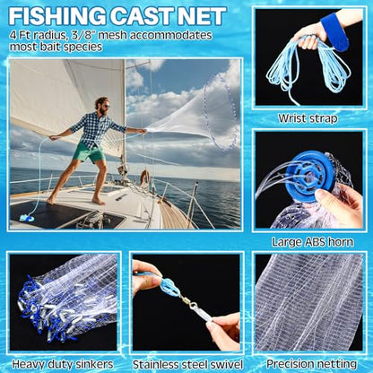 Set of 4 Saltwater Fishing Cast Net, Foldable Fish Bucket, Folding Fishing Landing Net, and 110lb Digital Scale, 6 Gallon Live Fish Bait Bucket - color: Black, size: 4ft