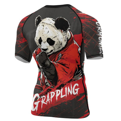 Panda Fighter Men's Short Sleeve Compression Rash Guard MMA Jiu Jitsu BJJ Grappling Base Layer Combat Shirt - color: V2, size: X-Small